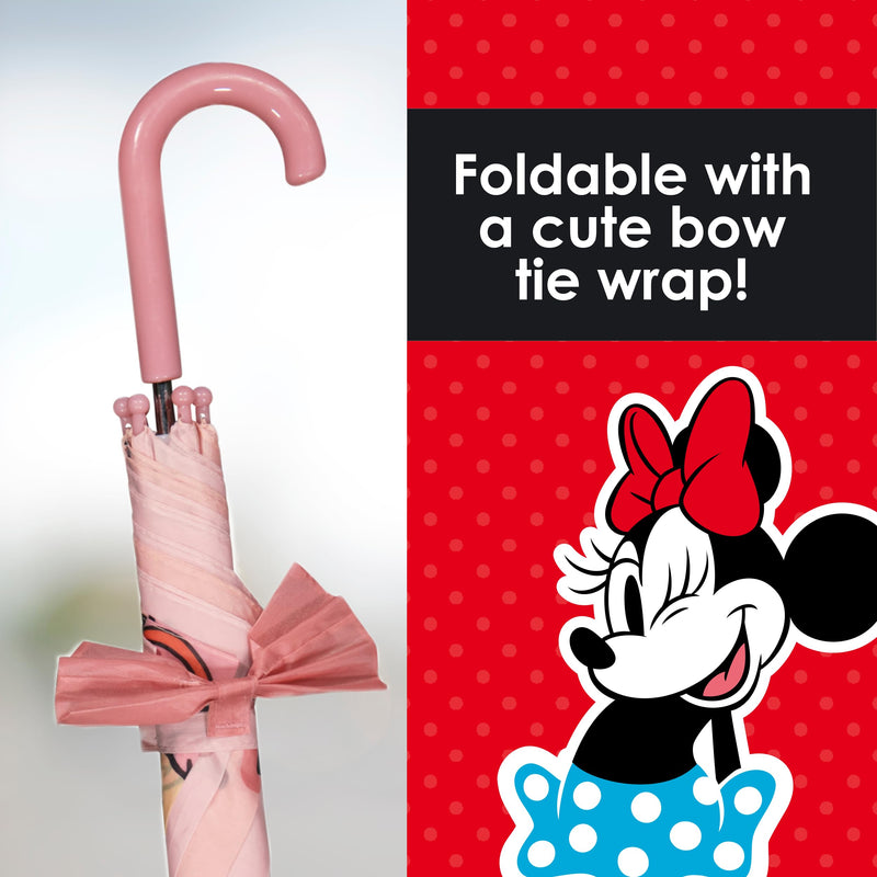 Disney Minnie Mouse Children's Rain Umbrella with Bow Tie Wrap, Pink | Manual Folding, Windproof, Lightweight, and Packable for Travel, 26.5 Inch Arc