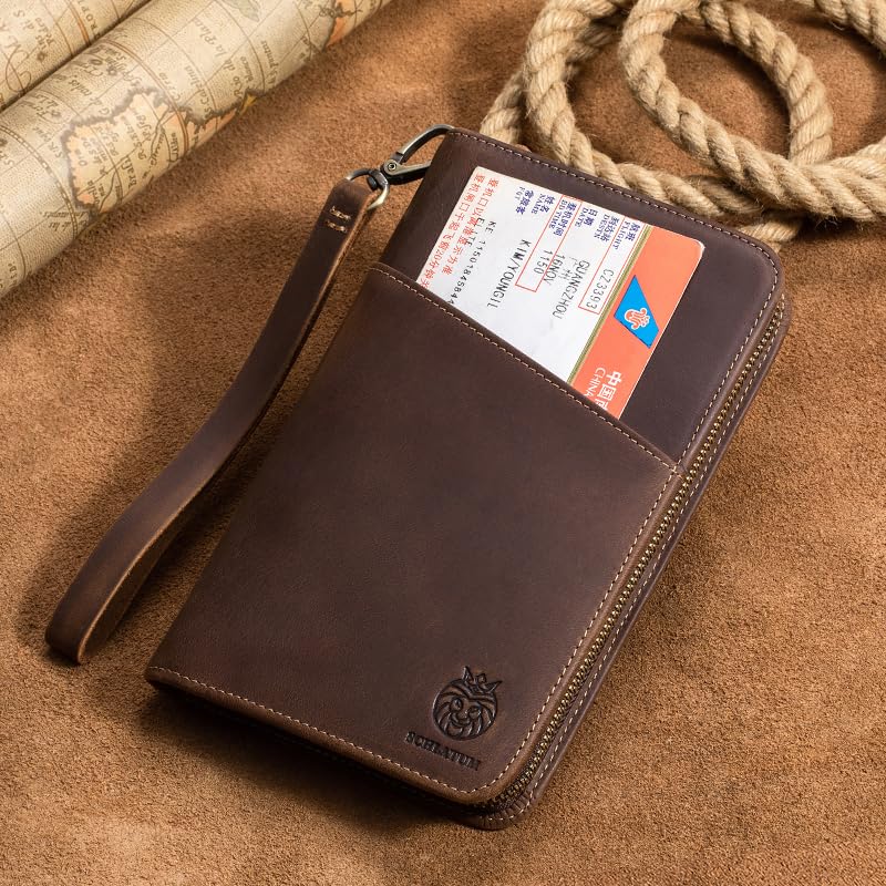 Passport Holder for Travel Family with Strap Genuine Leather RFID Blocking Travel Document Organizer Wallet with Pen Holder, Brown Large