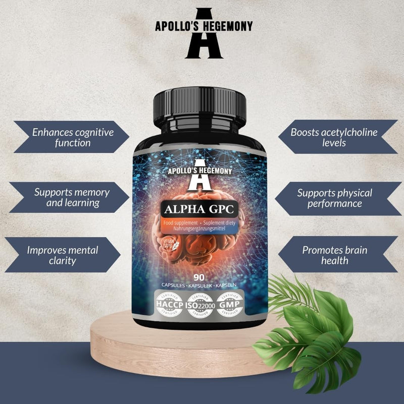 Alpha-GPC 600mg per Daily Dose - 90 Vegan Choline Capsules - 99% Choline Alfoscerate Dietary Supplement - Lipid Choline - Memory and Concentration Capsules - by Apollo's Hegemony