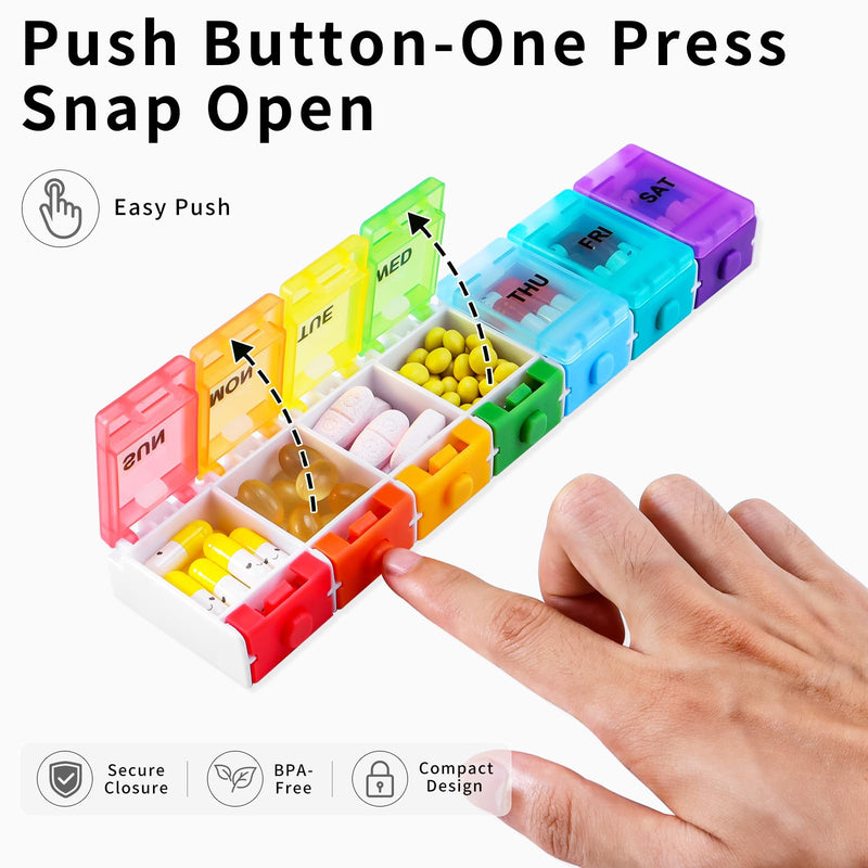 Rainbow 7 Day Pill Organizer Push Button for Vitamin Supplements Box | Weekly Pill Case,Container for Fish Oil Medicine,Travel Pill Holder,Easy for Arthritic Hand,BPA-Free Rainbow