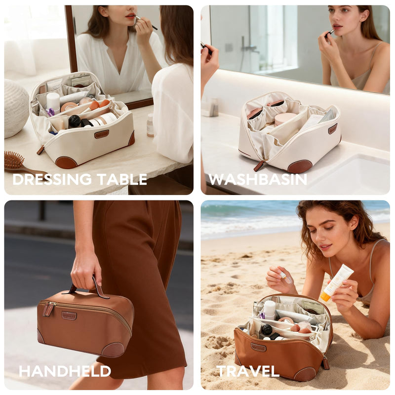 GIVLEFLY Makeup Bag for Women, Large Cosmetic Bag, Travel Toiletry Bag, Waterproof Nylon Organizer with Microfiber Leather, Flat Open for Skincare & Brushes Brown