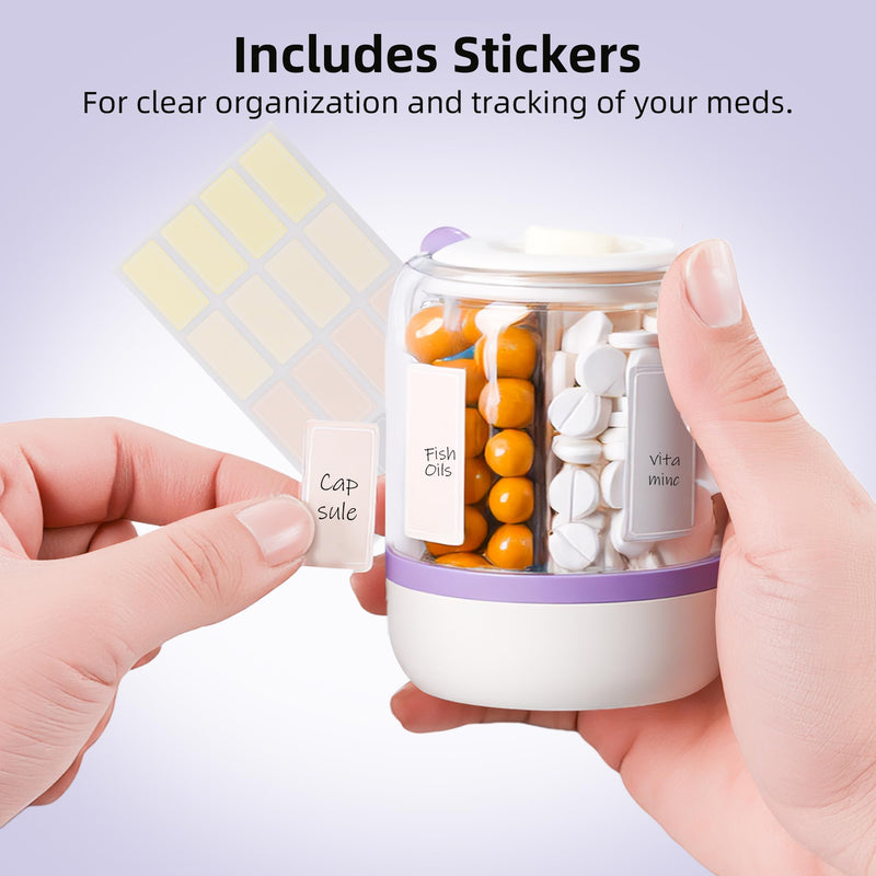 4 Compartments Pill Bottle Organizer, Anti-Mix Travel Pill Dispenser with Safety Lock, Pill Case with 16pcs Labels, Cute Pill Organizer for Seniors, Caregivers & Daily Vitamin Management(Purple) Purple
