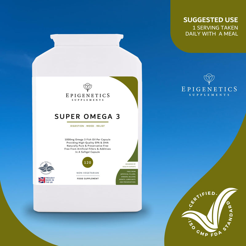 Super Omega 3 1000mg | High Strength 270mg EPA + 180mg DHA Fish Oil | 120 Softgel Capsules UK Made | Long 4 Month Supply by Epigenetics Supplements