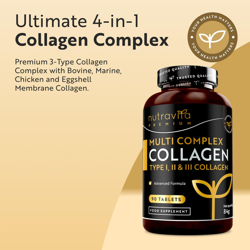 Nutravita Premium Multi Collagen Protein Tablets with Type I, II, III - Includes Hydrolysed Grass Fed Bovine Collagen, Marine Collagen, Hyaluronic Acid, Turmeric - 90 Tablets - Made in The UK
