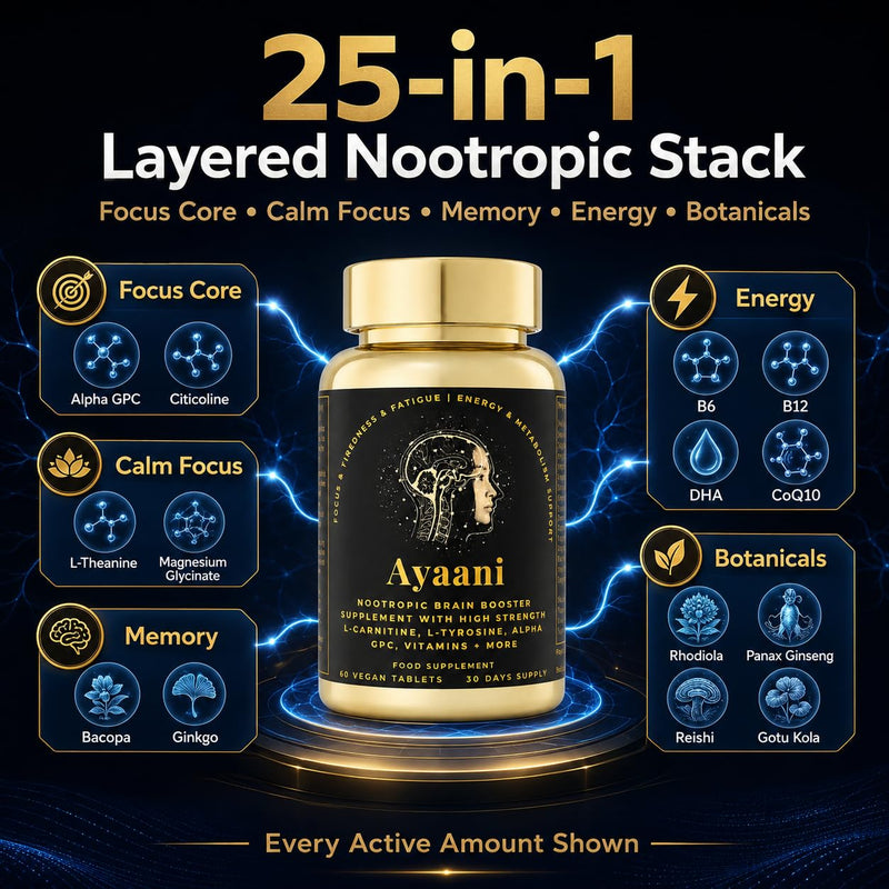 Focus Brain Booster & Memory Supplement | 25-in-1 Caffeine-Free Nootropic with Alpha GPC 300mg, Citicoline & L-Theanine | Brain Fog, Fatigue, Focus & Mental Clarity | 60 Vegan Tablets
