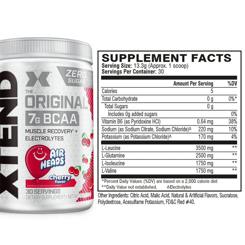 [Australia] - XTEND Original BCAA Powder Airheads Cherry | ZERO CARB, ZERO SUGAR - Post Workout Muscle Recovery Drink with Amino Acids - 7g BCAAs for Men & Women | 30 Servings, Airheads Cherry 30 Servings (Pack of 1) 