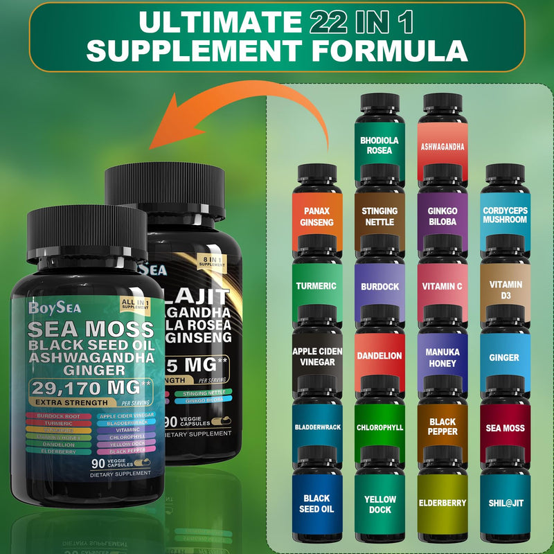 [Australia] - Boysea.Sea Moss and shilajit Bundle - 90 Count - Sea Moss 7000mg, Black Seed Oil 4000mg, Ashwagandha 2000mg, Ginger & Shilajit 9000mg, Rhodiola Rosea 1000mg, All in 1 Supplements (1 Pack) 90 Count (Pack of 2) 