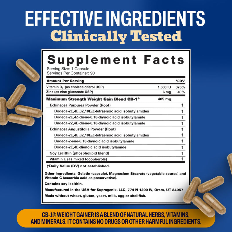 CB-1 Weight Gainer Pills (90 Count) | Clinically Tested Appetite Stimulant | Healthy Weight Gain Pills for Underweight Women & Men | Powerful Mass Gainer