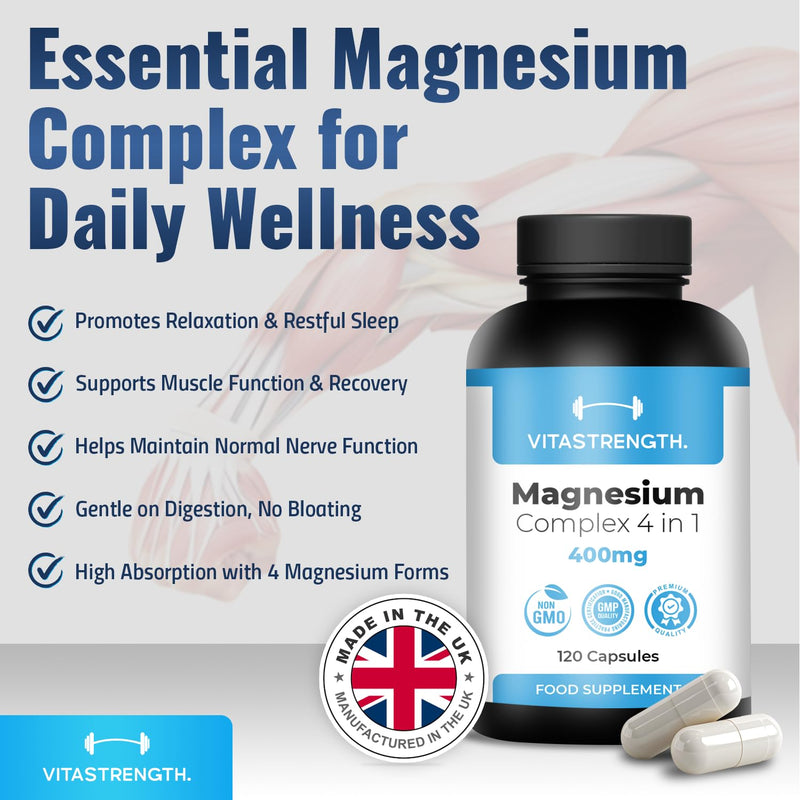 Magnesium Supplement 4 in 1 – 120 Capsules, 400mg Daily Dose-with Magnesium Bisglycinate,Citrate,Malate & Carbonate-Essential Mineral Complex for General Well-Being & Daily Support by VITASTRENGTH.