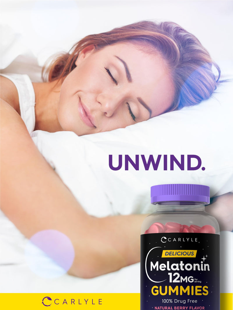 Carlyle Melatonin Gummies 12mg | 100 Count | Berry Flavor | Vegan Supplement | Non-GMO, Gluten Free