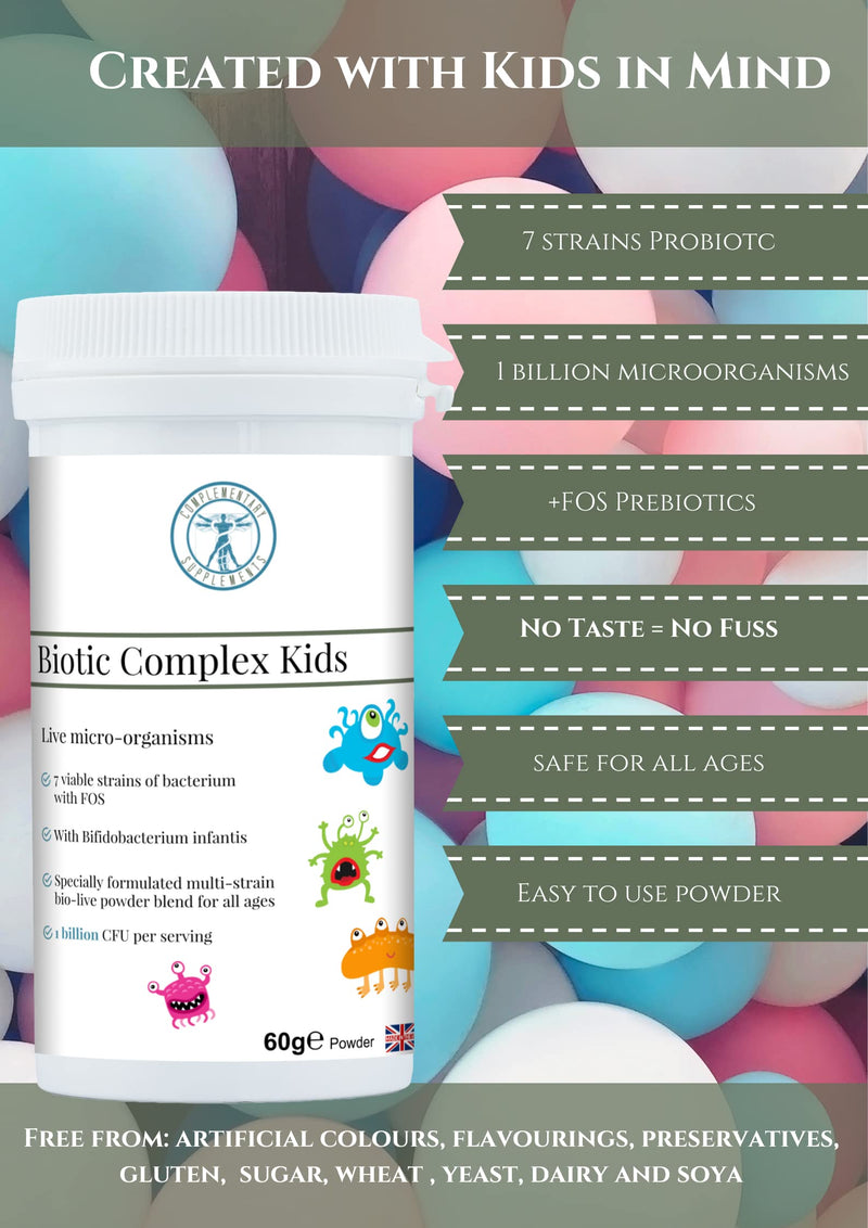 Biotic Complex Kids – 7-Strain Probiotic & Prebiotic for Children with Bifidobacterium Infantis – Gentle Digestive Support for Children – Tasteless, Easy Mix, 60g