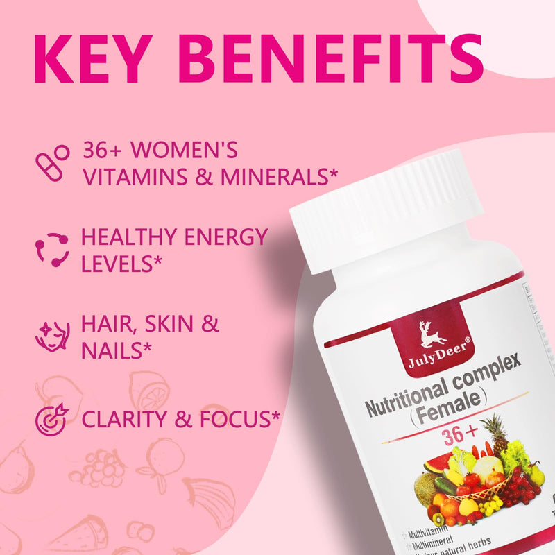 JulyDeer Multivitamin for Women 60 Tablets Complete Multimineral & Vitamin | A, C, D, E and B-Complex, Zinc & More for Lady Immunity, Hair, Skin & Nails, Digestion + Vegetarian ( 60 Count Pack of 1) 1 Bottle