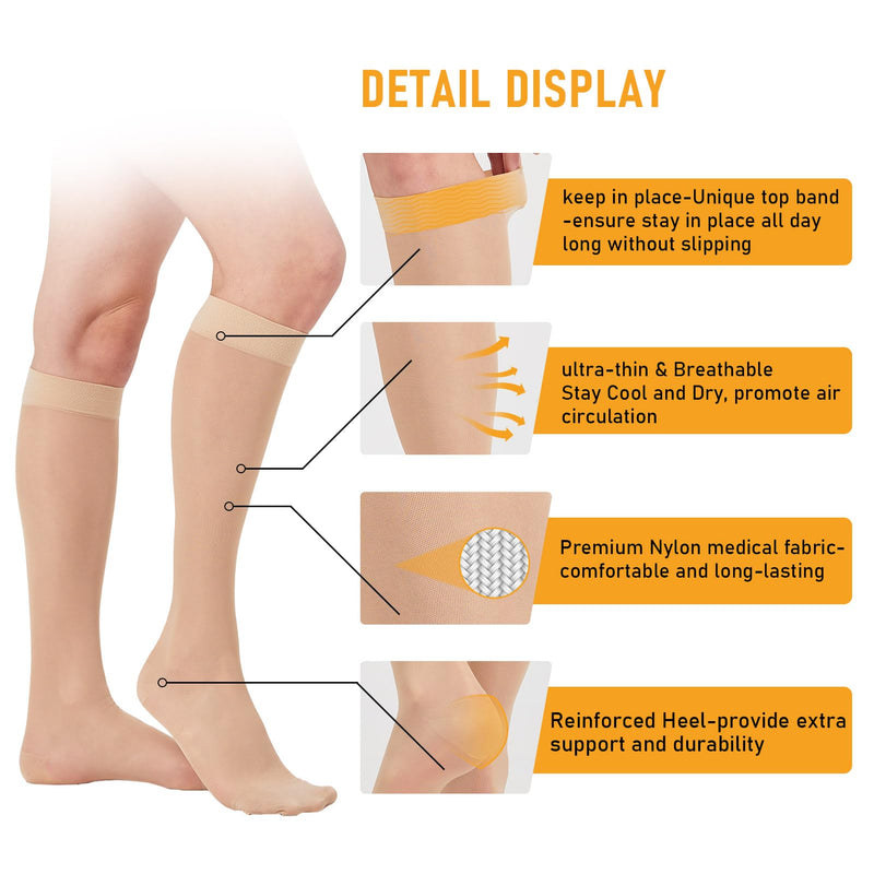 [Australia] - 2 Pairs Sheer Compression Socks for Women - 15-20 mmHg Knee High Sheer Compression Stockings for Support Circulation Swelling Edema Work Office Travel, Beige, Medium 