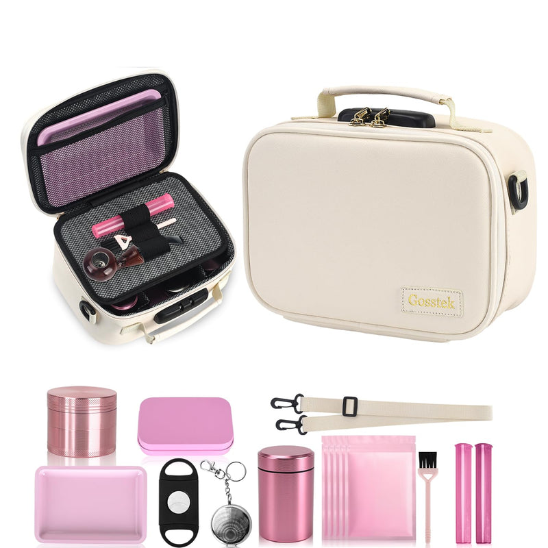 Gosstek PU Leather Odorless Carrier Bag with 10 Small Accessories, Portable Smell Proof Box Case with Lock and Great Gift for Women, Childproof Organization Container Box 9 X 6 X 4 Inches (Beige)