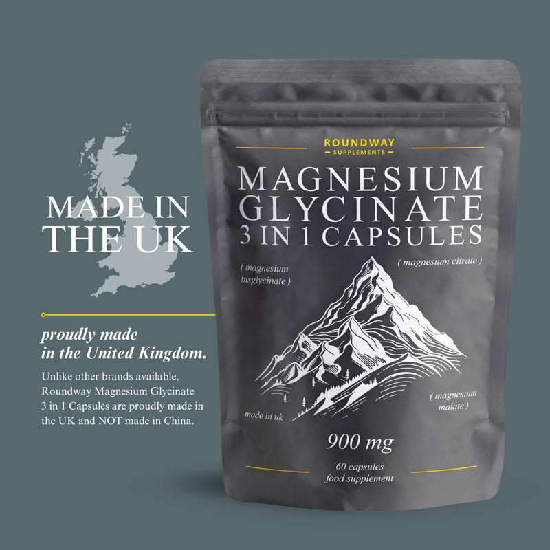 Magnesium Glycinate 3-in-1 Complex 1800mg Supplement with Magnesium Bisglycinate, Citrate & Malate | 60 Capsules, 3 Month Supply | Made in The UK by Roundway Supplements