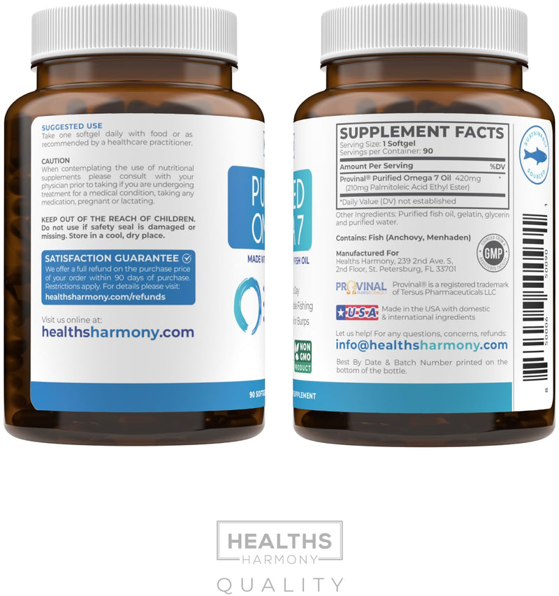 Omega 7 Supplement for Women and Men - High Potency & Purity Palmitoleic Acid Fatty Acid Fish Oil Supplement from Patented Provinal with Lowest Palmitic Acid - Sustainably Sourced (3 Month Supply) 90 Count (Pack of 1)
