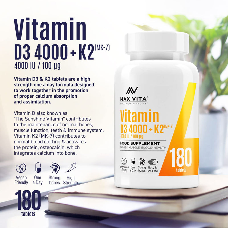 Vitamin D3 4000 IU K2 MK-7 100mcg High Strength VIT D3 K2 Menaquinone from Natto Bones Muscle Teeth Blood Calcium Levels Immune System Support 180 Tablets