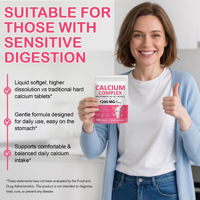Calcium and Vitamin D Tablets, Calcium Tablets Supplement with Essential Daily Vitamin D3,K2,B1,B2 & B12 - Supports Bones, Teeth & Muscle Function, 120p
