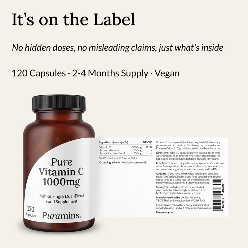 Pure Vitamin C 1000mg, No Additives, 120 High Strength Capsules, 2-4 Month Supply, Ascorbic Acid & Sodium Ascorbate Immune Support, Vegan, Laboratory Tested and Made in the UK by Puramins