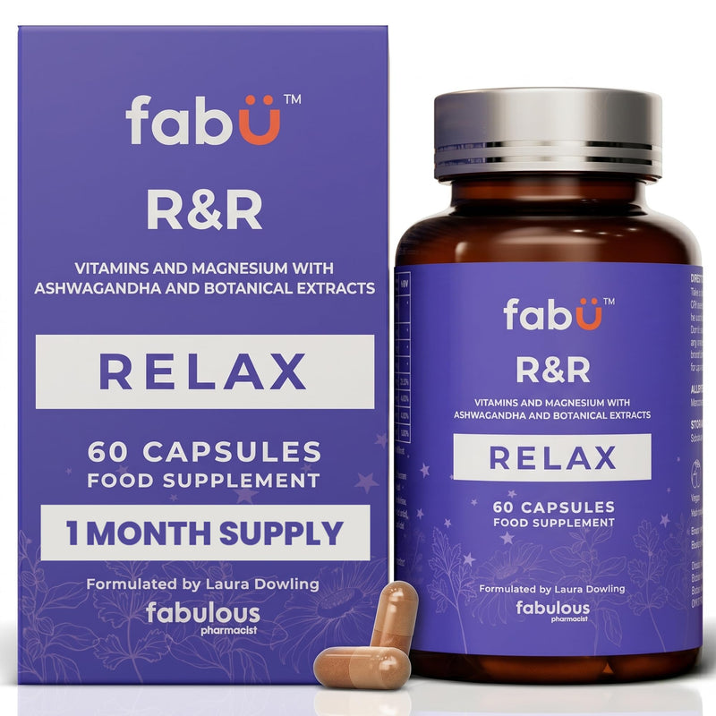fabÜ R&R Relax - Supplement with Ashwagandha Capsules & Magnesium for Relaxation - Botanical Blend with B Vitamins, Lemon Balm & Chamomile for Stress Relief & Sleep Support - 60 Capsules