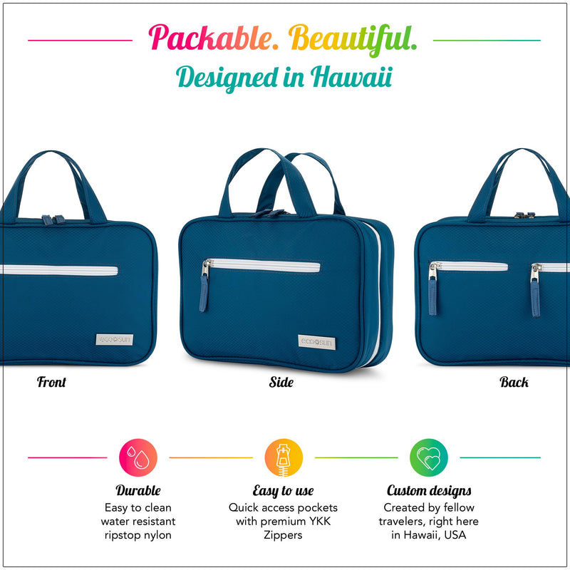 Eco Sun Hanging Travel Toiletry Bag — Designed in Hawaii — Water-Resistant Travel Organizer for Bathroom Accessories (Blue) Blue