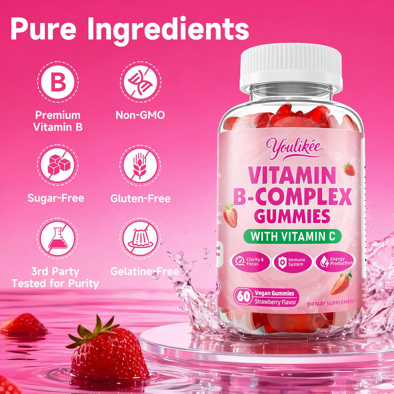 2 Pack Vitamin B-Complex Gummies for Women & Men, 120 Ct | Methyl B12, B1, B2, B3, B5, B6, B7 & B9 - Vitamin B Complex with Vitamin C for Energy & Immune Support, Strawberry Flavor 60 Count (Pack of 2)