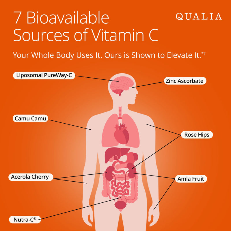 Qualia Vitamin C+ | Clinically Studied, Doctor Formulated | 7 High-Absorption Forms Including Liposomal PureWay-C®, Chelated & Food-Sourced with Citrus Bioflavonoids, Zinc, & Rose Hips | 500 mg 56 Count (Pack of 1)