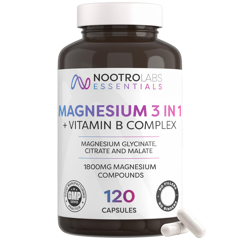 Nootro Essentials Magnesium 3-in-1 Capsules, High Strength Magnesium Supplements with Glycinate, Malate and Citrate for Sleep, Muscle & Digestive Support (60 Servings - 2 Month Supply) 120 count (Pack of 1)