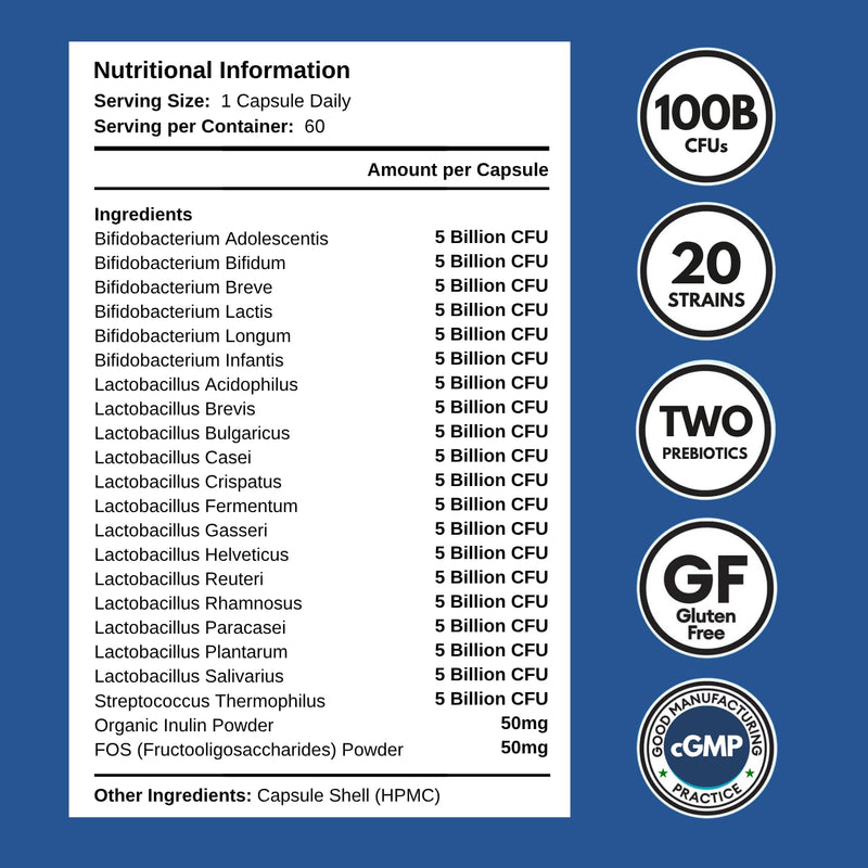 100 Billion CFU Probiotics - 20 Strains + Prebiotics | Digestive & Gut Health - for Good Gut Flora, Gas and Bloating | Scientifically Proven Probiotics for Women & Men | Made in UK – 2 Month Supply