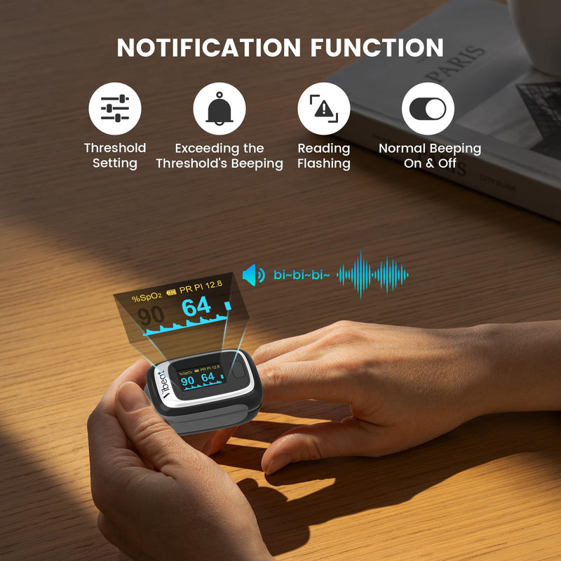 [Australia] - Bluetooth Fingertip Pulse Oximeter, Vibeat SPO2 Monitor with Vihealth APP, Portable Finger Oxygen Sensor with Pulse Rate, Batteries and Lanyard Included, Black 