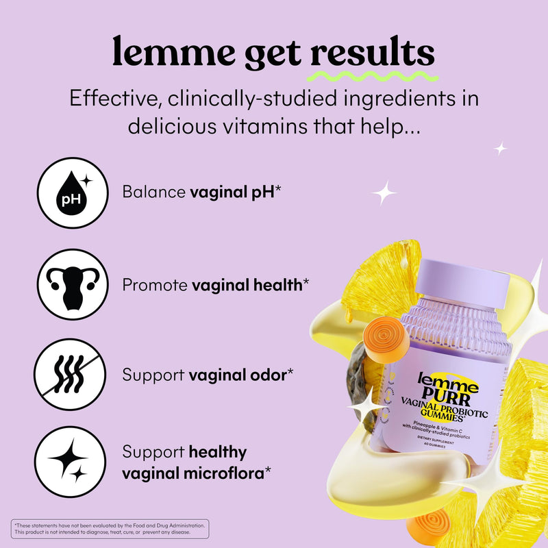 [Australia] - Lemme Purr Vaginal Probiotic Gummies for Women - Balanced pH, Healthy Odor, Yeast Balance & Flora Support + Vitamin C for Immune Health - Tasty Pineapple (60 Count) 60 Count (Pack of 1) 