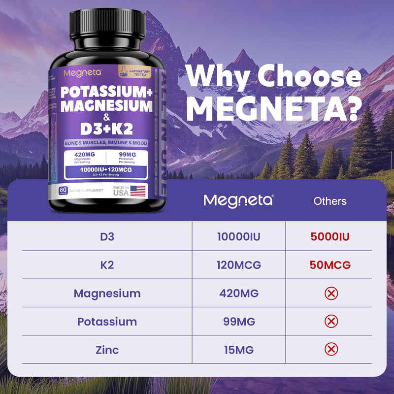 [Australia] - Magnesium Potassium Vitamin D3 K2 10000IU Supplement - Supports Bone, Heart, Immune Health, Mood Balance & Energy for Women & Men - Enhanced Absorption, Non-GMO - 60 Capsules Capsule 