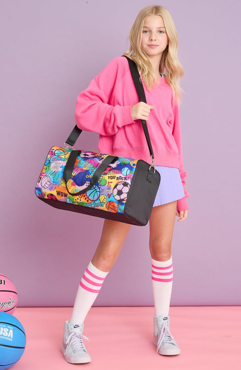 iscream + Corey Paige Designs 117.25" x 10" Duffle Bag with Quitled Nylon Exterior, Double Handles and Removable Adjustable Shoulder Strap for Travel and Sport - Sporty Girl