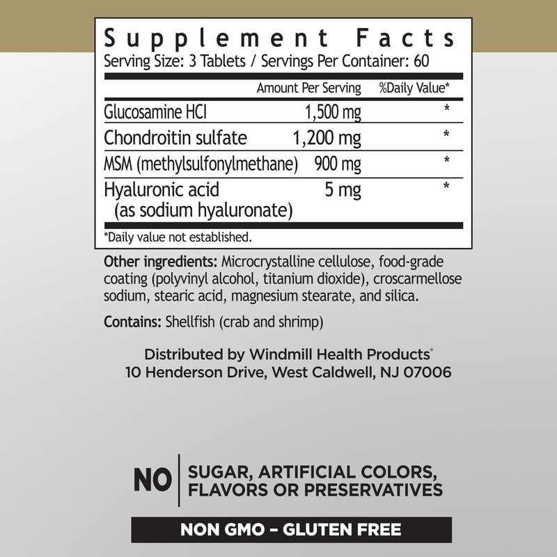 Windmill Natural Vitamins Advanced Glucosamine & Chondroitin, with 2,700mg of MSM, Supports Bone Health, Non-GMO, Gluten Free, 180 Tablets, 60 Servings