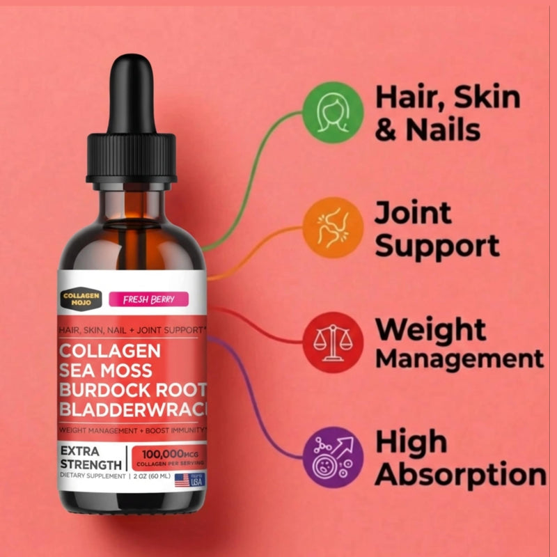Liquid Collagen Peptides for Women with Sea Moss & Burdock Root | Hair, Skin, Nails & Joints. Gut Health, Less Bloating & Weight Support. Berry Flavor, 2 Oz. Third-Party Tested. Made in USA. Collagen Peptides with Sea Moss