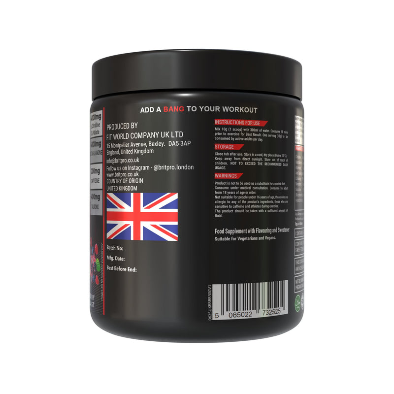 Bang Bang Pre-Workout, 300g - Berry Blast Flavour - High-Intensity Pre Workout, Focus & Endurance, Muscle Pump - Clean Energy, No Crash - Made in the UK