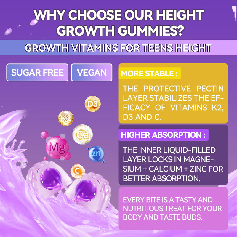 Height Growth Gummies for Kids & Teens Support Bone Strength and Immunity | Calcium, Vitamin D3 + K2, Zinc, Magnesium, L-Arginine, Teen Heightener Multivitamin Gummies for Children, 60 Gummies