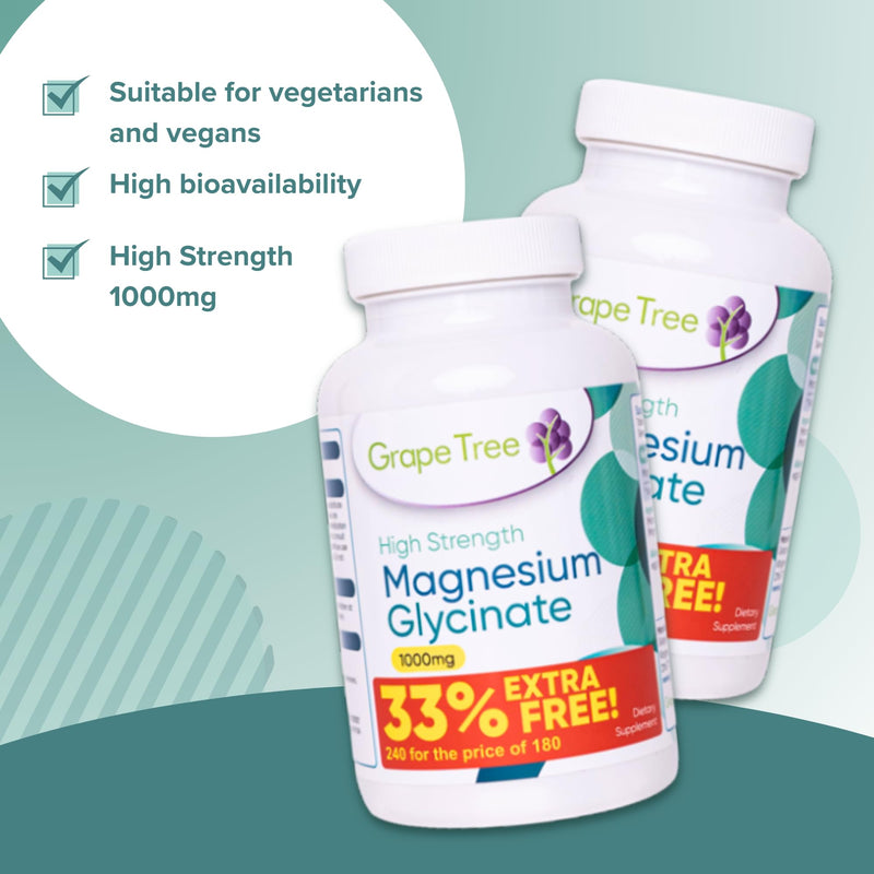 Grape Tree Magnesium Glycinate 1000mg Supplements 240 Vegan Tablets with 140mg of Elemental. High Strength Magnesium Supplements. Easy to Digest Tablets for Sleep and Energy.