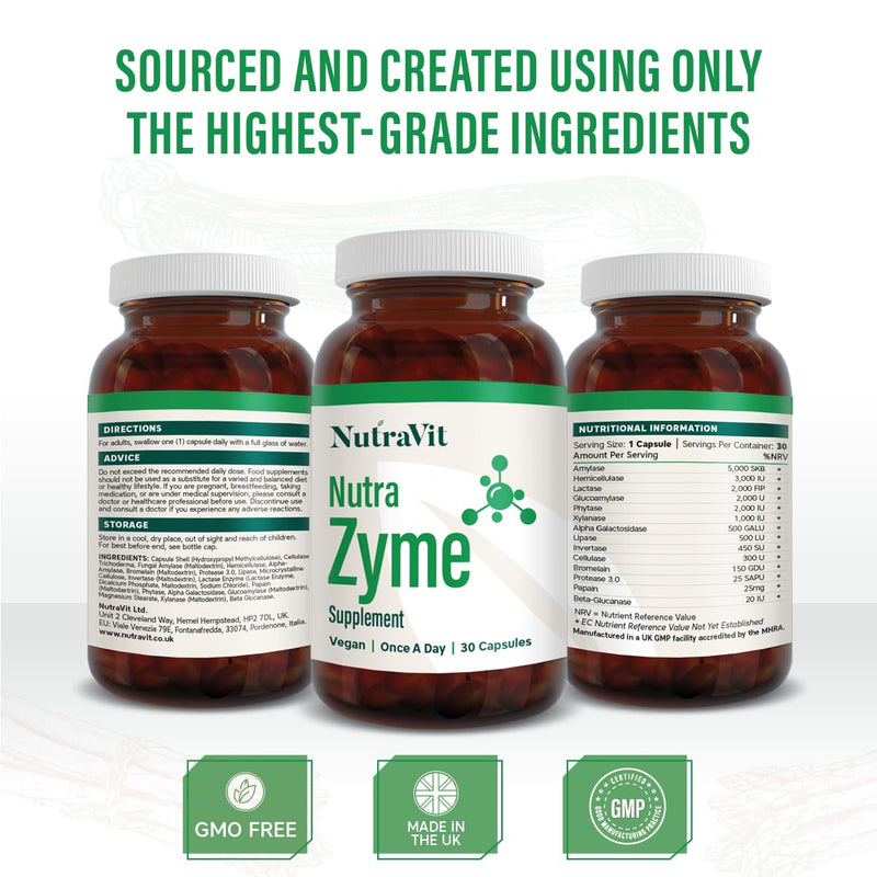 NutraZyme - Digestive Enzyme Complex - 13 Broad Spectrum Enzymes Including Amylase, Protease, Lipase & Bromelain, with Lactase for Lactose Intolerance - NutraVit, 30 Capsules