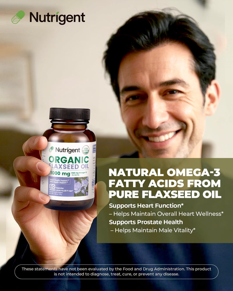 [Australia] - USDA Certified Organic Flaxseed Oil 1000 mg, Cold Pressed 100% Pure with Plant-Based Omega 3 ALA Essential Fatty Acids for Heart & Skin Health, 60 Capsules 