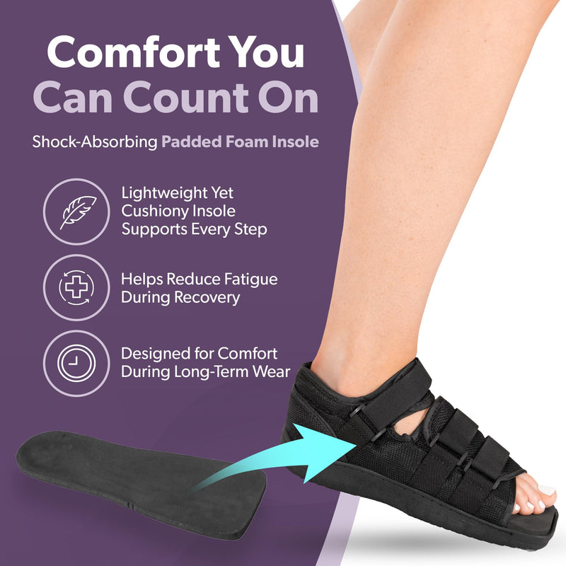 BraceAbility Post Op Shoe + Short Walking Boot Liner Socks Bundle - Orthopedic Foot Brace and Replacement Liners for Fractures, Broken Toe Recovery - Women’s Size 7.5-9.5, Men’s 6-8.5 (1 Pair Black)