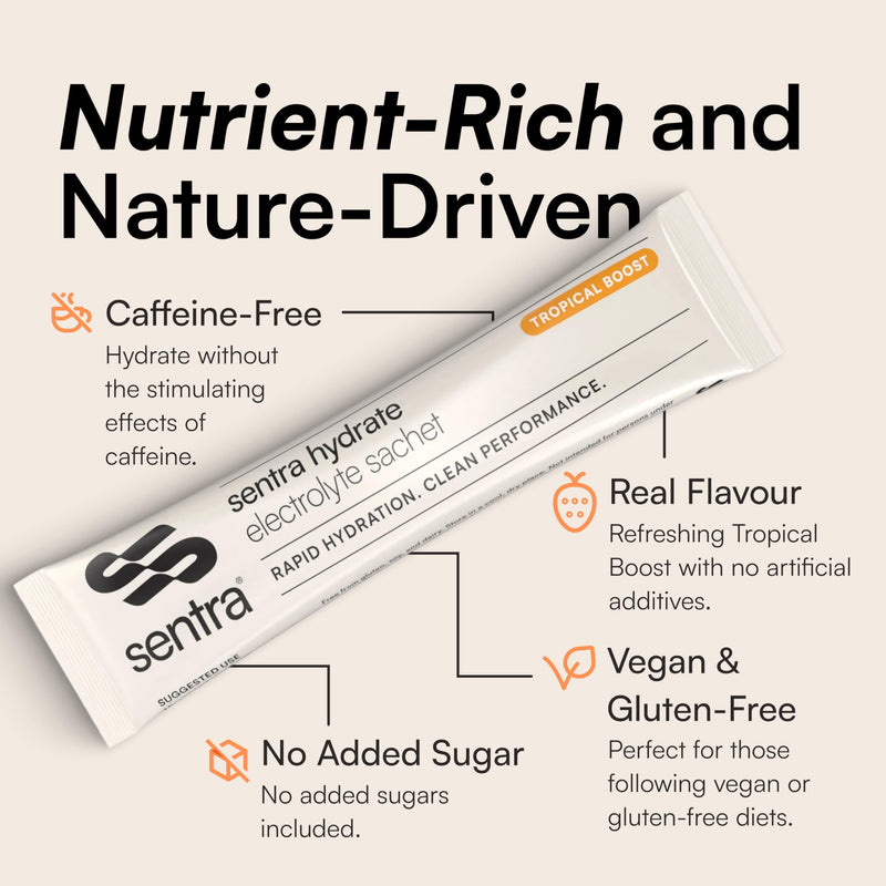 Sentra® Electrolytes Sachets Powder | 30 x Tropical Zero Sugar | For Rehydration & Recovery | Packed With Taurine, L Theanine Vitamin C B1, B3, B5, B12 Supplement Drink | Electrolyte Hydration Tablets