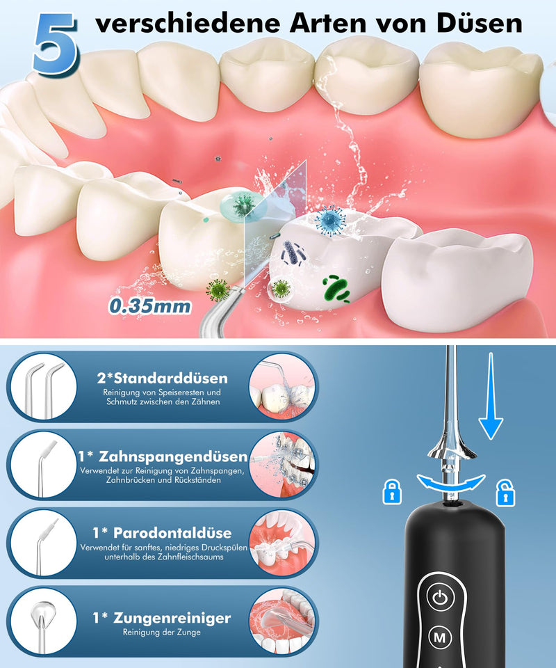 [Australia] - ETROBOT Oral Irrigator Wireless Electric Tooth Cleaner, 2024 Electric Water Flosser - 4 Modes & 5 Nozzles Interdental Space Cleaner, IPX7 Waterproof, Oral Irrigator Test Winner, Dental Irrigator for Oral Care Black 