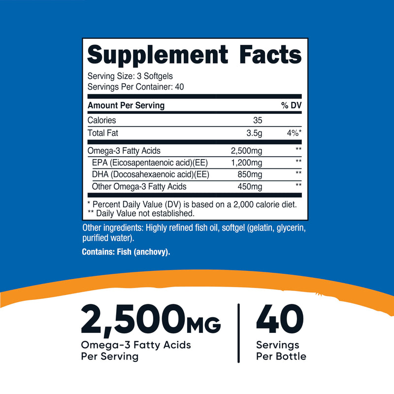 Nutricost Omega 3 Fish Oil - 2500MG, 120 Softgels (40 Serv) - Fish Oil, Wild Caught! 1200mg EPA 850mg DHA - Non-GMO, Gluten Free (Pack of 2) 120 Count (Pack of 2)