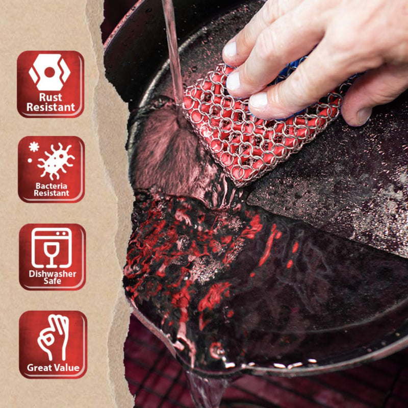 [Australia] - Knapp Made Combo Chainmail Cast Iron Scrubber with Silicone Core - Heavy Duty Rings and Fine Chainmail Rings -Premium Cast Iron Cleaner Chainmail Scrubber -Perfect for Cast Iron Cookware,Skillet,Woks Dry Rub Red 