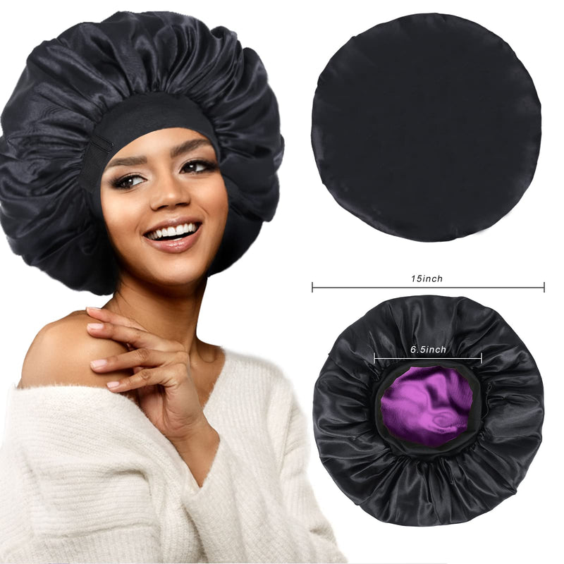 [Australia] - Silk Bonnet for Sleeping Double Layer Satin Bonnet Adjustable Bonnets for Black Women Sleep Cap Reversible Hair Bonnet for Curly Hair (Black and Purple) Black and Purple 