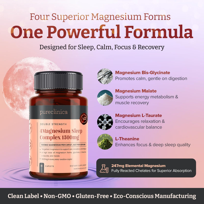 Double Strength Magnesium Sleep Complex 1500mg x 90 Caplets – 247mg Elemental Magnesium – Bis-Glycinate, Malate, L-Taurate & L-Theanine - 3 Months Supply 90 count (Pack of 1)