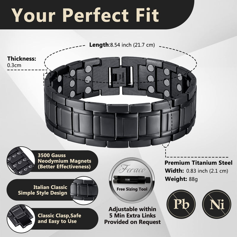[Australia] - Feraco Magnetic Bracelets for Men, Titanium Steel Bracelets with 3X Ultra Strenth Neodymium Magnets, Adjustable Health Gift with Sizing Tool Black 