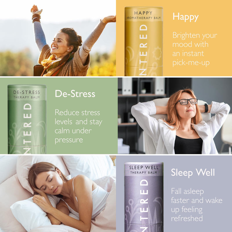 Scentered Aromatherapy Balm Gift Set - Positive & Relaxed - Pack of 3 Balms: Happy, De-Stress, Sleep Well - Lavender, Cedarwood, Rosemary Essential Oil - Mindfulness Gifts for Women