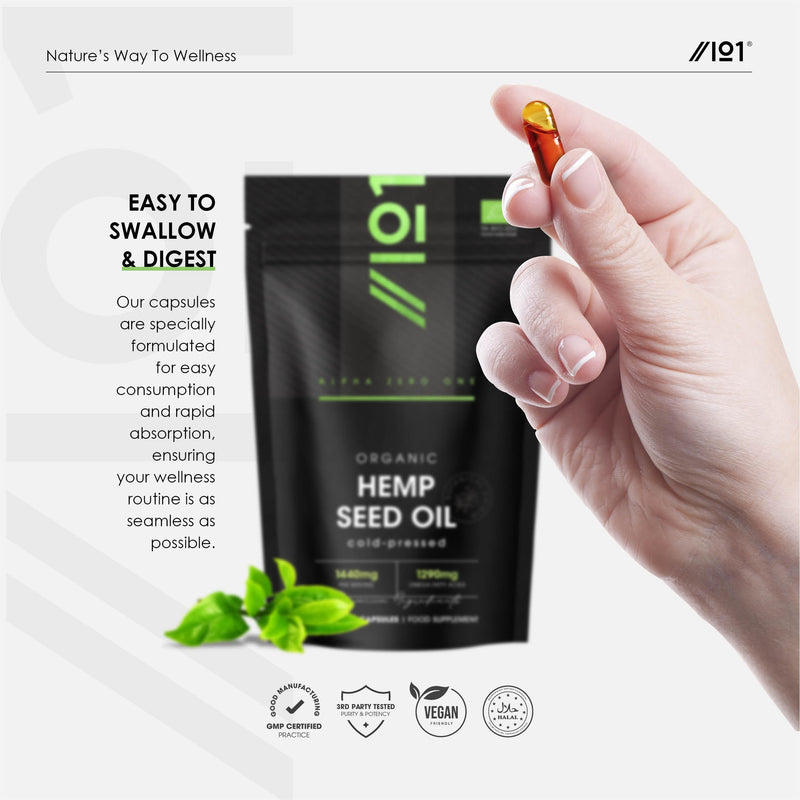 Organic Hemp Seed Oil 1440mg - Rich in Omega Fatty Acids – 120 Liquid Capsules – Cold-Pressed, Zero Additives – Resealable and Recyclable Pouch by Alpha01 1 count (Pack of 120)